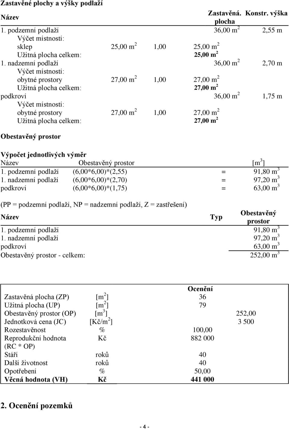 27,00 m 2 Užitná plocha celkem: 27,00 m 2 Obestavěný prostor Výpočet jednotlivých výměr Název Obestavěný prostor [m 3 ] 1. podzemní podlaží (6,00*6,00)*(2,55) = 91,80 m 3 1.