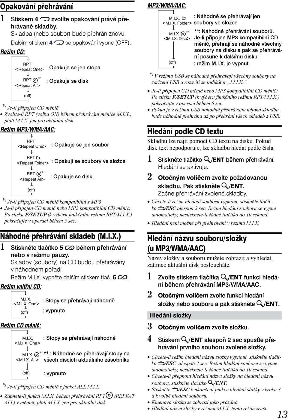 Režim MP3/WMA/AAC: <Repeat One> <Repeat Folder> <Repeat All> : Opakuje se jen soubor : Opakují se soubory ve složce : Opakuje se disk * 2 Je-li připojen CD měnič kompatibilní s MP3 Je-li připojen CD