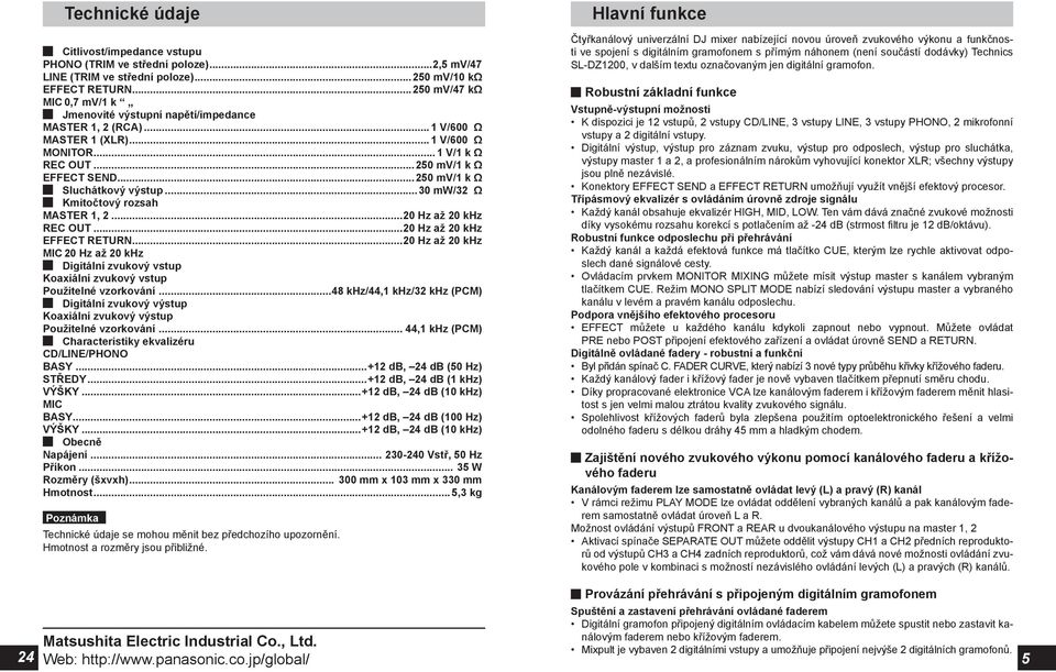 ..250 mv/1 k Ω Sluchátkový výstup...30 mw/32 Ω Kmitočtový rozsah MASTER 1, 2...20 Hz až 20 khz REC OUT...20 Hz až 20 khz EFFECT RETURN.