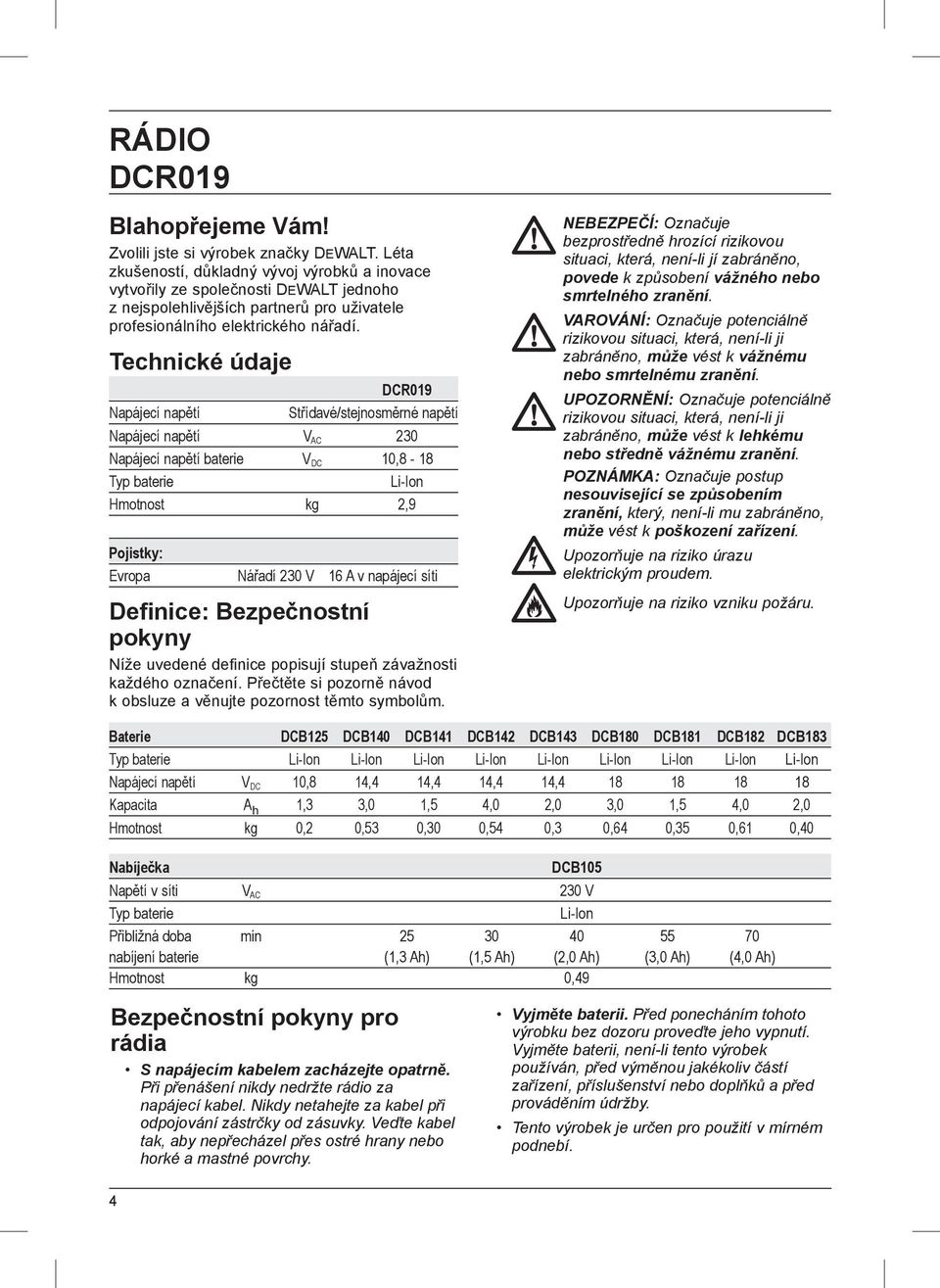 Technické údaje DCR019 Napájecí napětí Střídavé/stejnosměrné napětí Napájecí napětí V AC 230 Napájecí napětí baterie V DC 10,8-18 Typ baterie Li-Ion Hmotnost kg 2,9 Pojistky: Evropa Nářadí 230 V 16 A