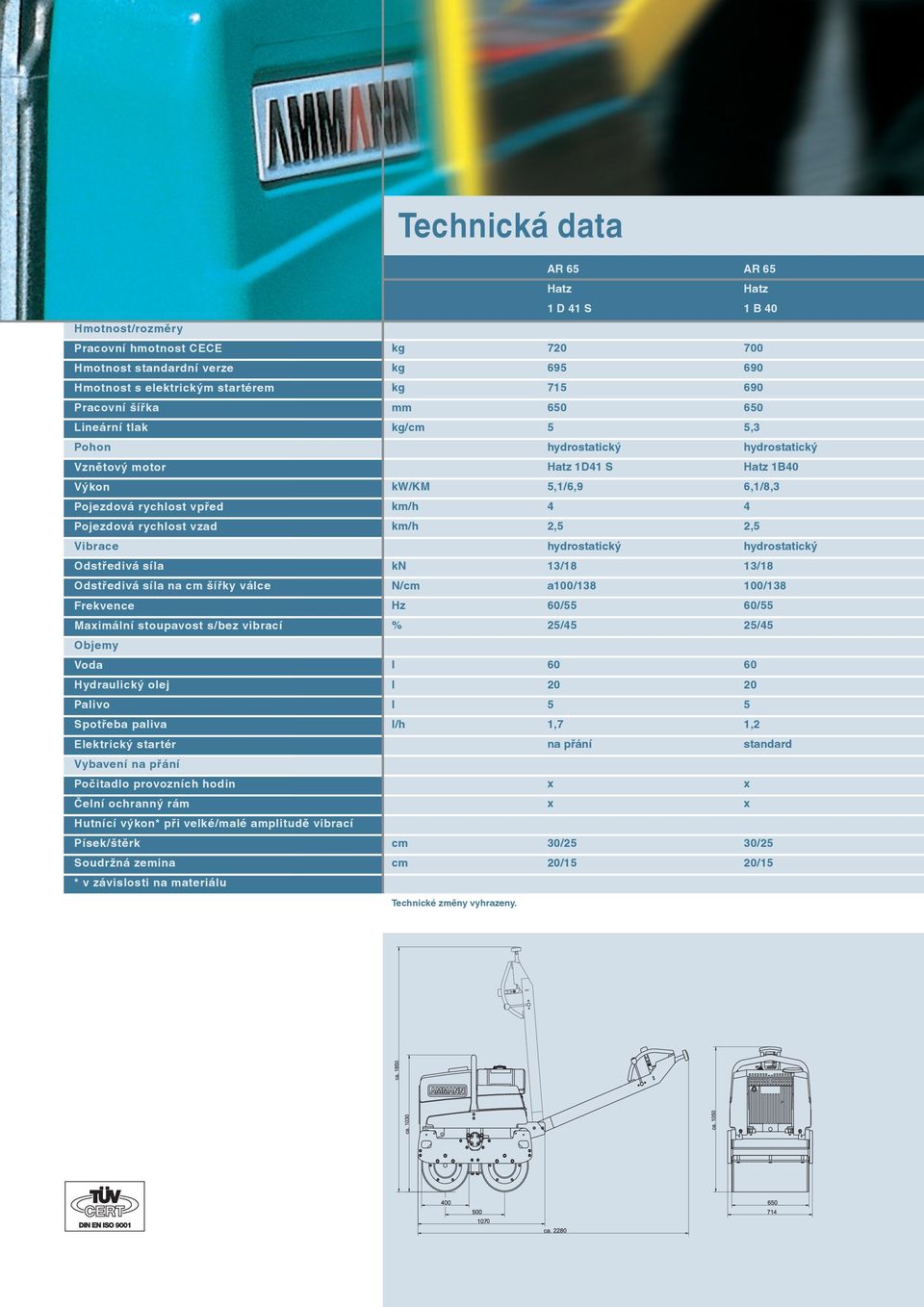 Vybavení na přání Počitadlo provozních hodin Čelní ochranný rám Hutnící výkon* při velké/malé amplitudě vibrací Písek/štěrk Soudržná zemina * v závislosti na materiálu AR 65 AR 65 Hatz Hatz 1 D 41 S