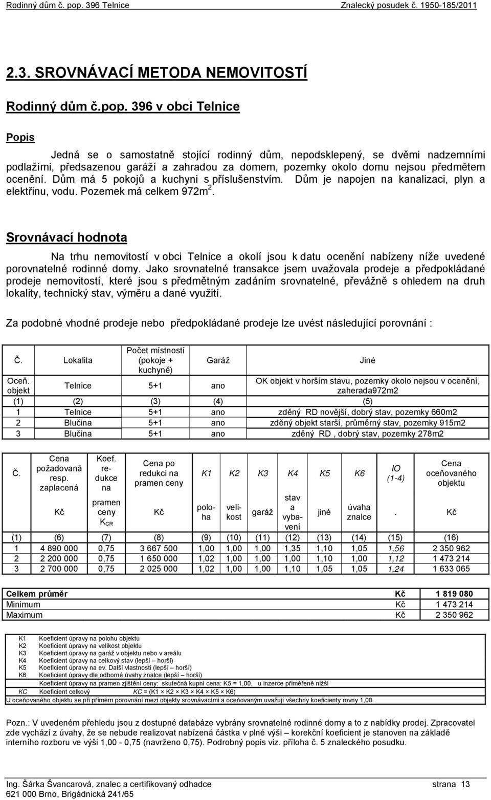 396 v obci Telnice Popis Jedná se o samostatně stojící rodinný dům, nepodsklepený, se dvěmi nadzemními podlažími, předsazenou garáží a zahradou za domem, pozemky okolo domu nejsou předmětem ocenění.