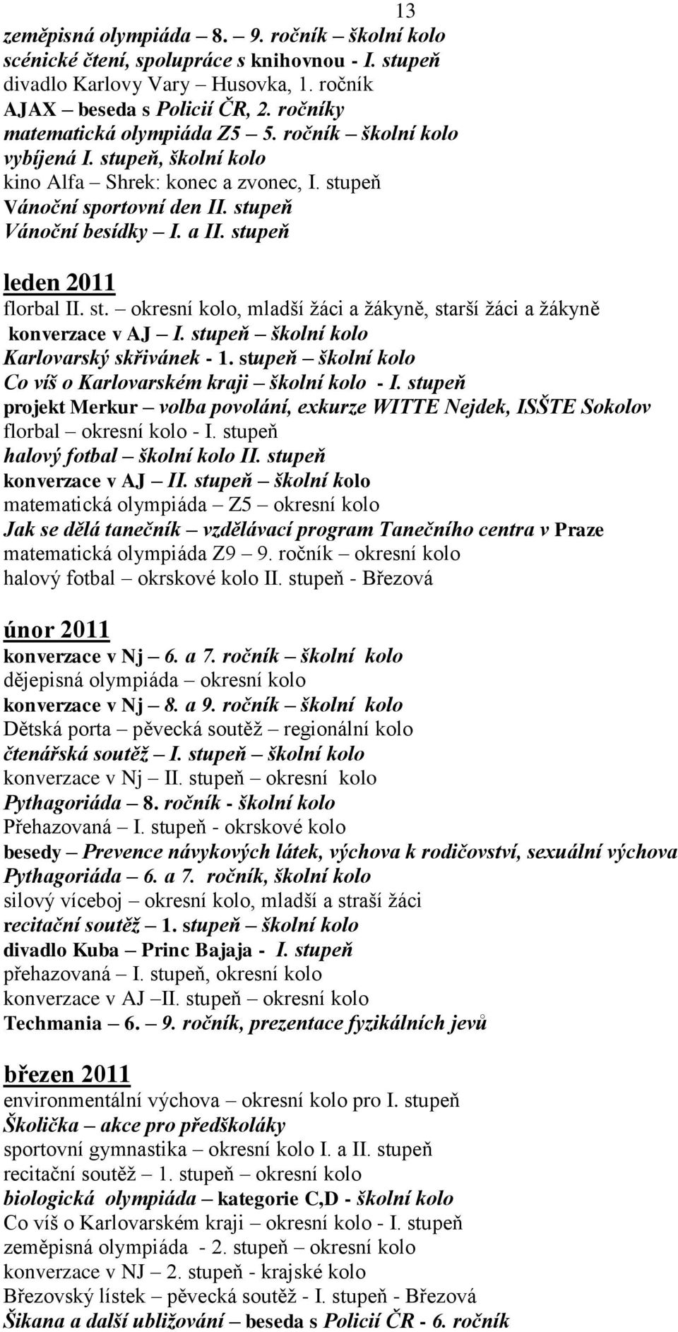 stupeň leden 2011 florbal II. st. okresní kolo, mladší ţáci a ţákyně, starší ţáci a ţákyně konverzace v AJ I. stupeň školní kolo Karlovarský skřivánek - 1.