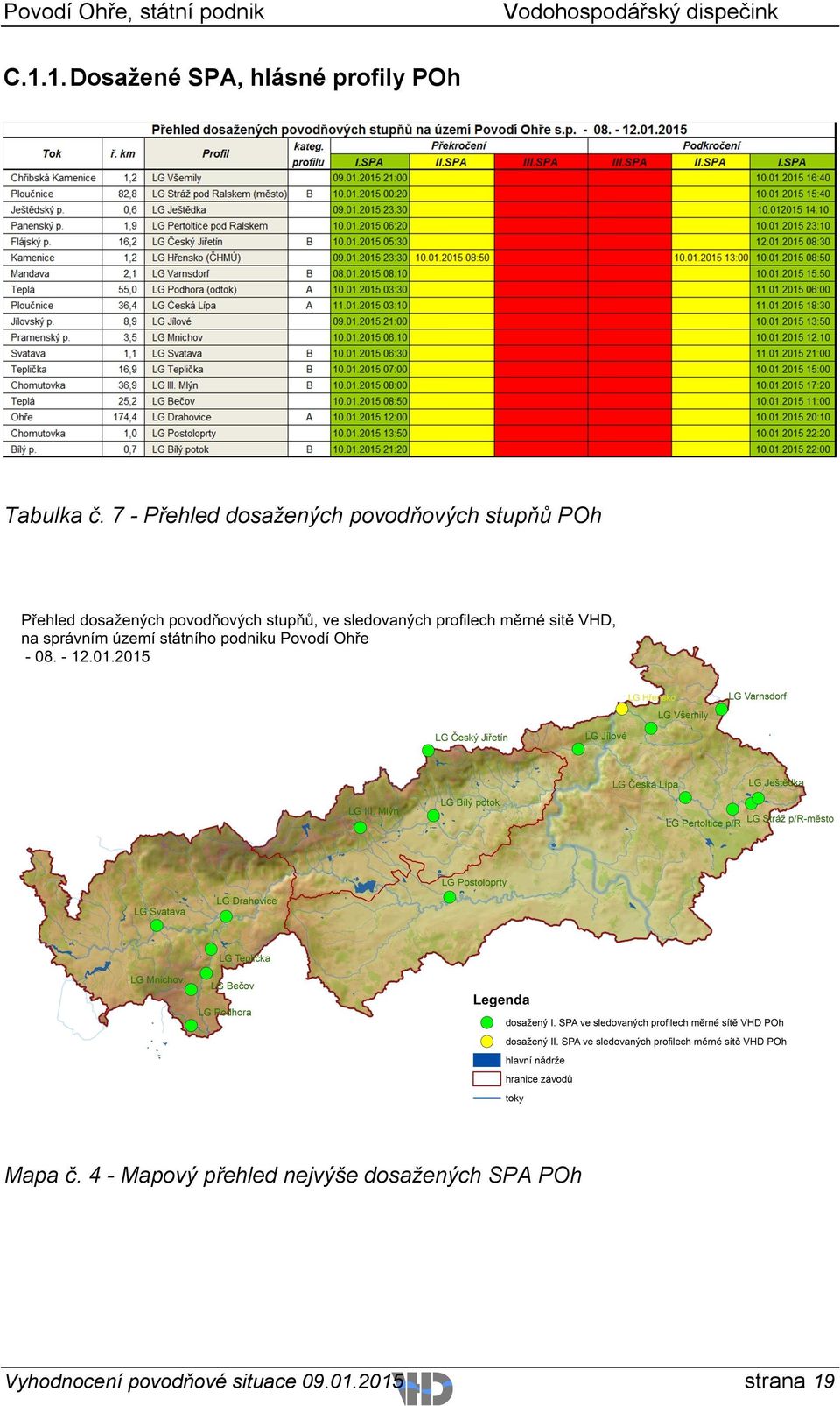 7 - Přehled dosažených povodňových stupňů POh Mapa č.