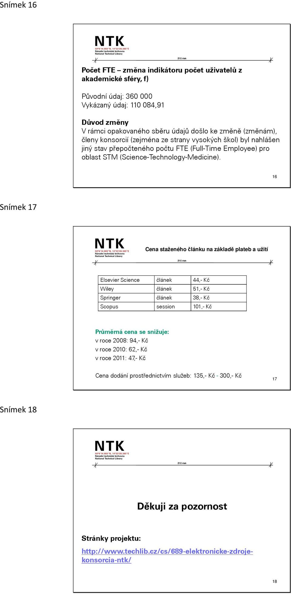 16 Snímek 17 Cena staženého článku na základě plateb a užití Elsevier Science článek 44,- Kč Wiley článek 51,- Kč Springer článek 38,- Kč Scopus session 11,- Kč Průměrná cena se snižuje: v