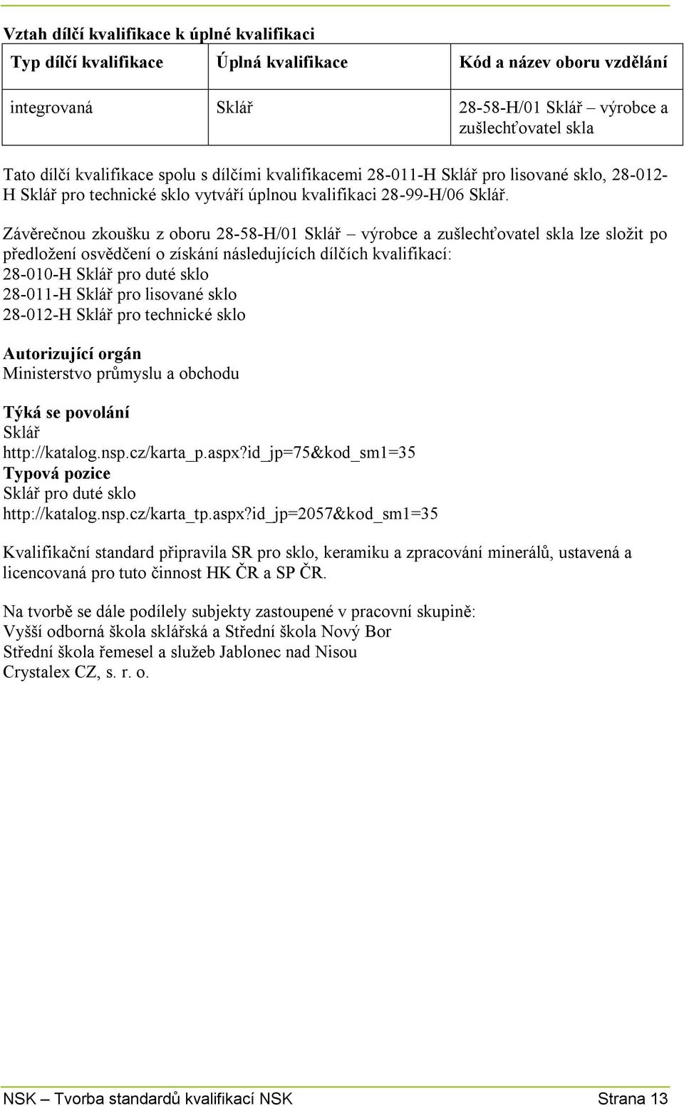 Závěrečnou zkoušku z oboru 28-58-H/01 Sklář výrobce a zušlechťovatel skla lze složit po předložení osvědčení o získání následujících dílčích kvalifikací: 28-010-H Sklář pro duté sklo 28-011-H Sklář