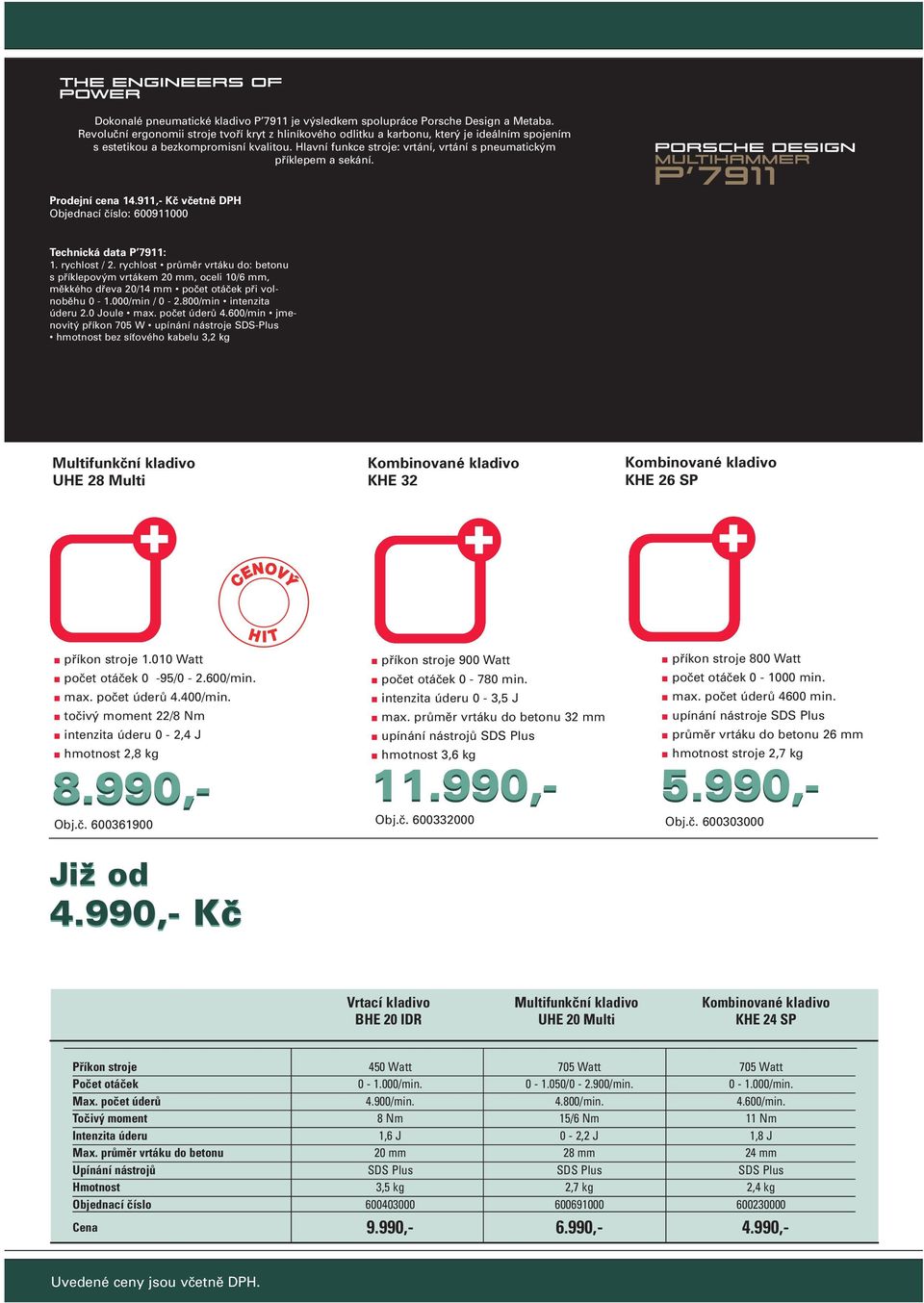 Hlavní funkce stroje: vrtání, vrtání s pneumatickým příklepem a sekání. Prodejní cena 14.911,- Kč včetně DPH Objednací číslo: 600911000 Technická data P 7911: 1. rychlost / 2.