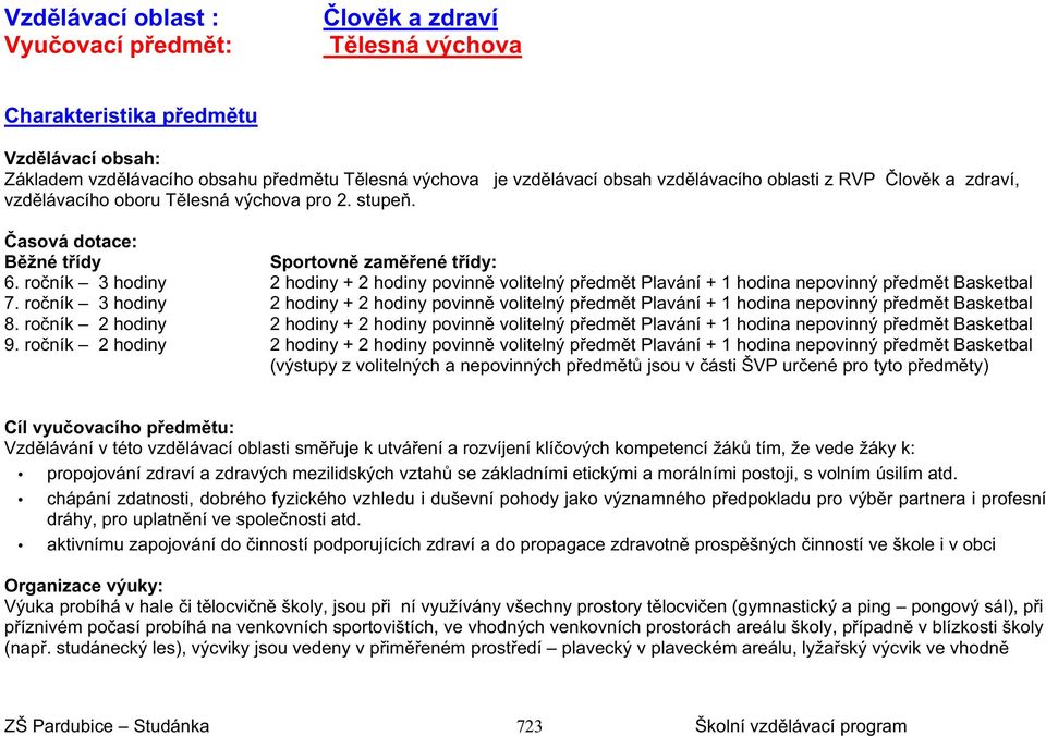ro ník 3 hodiny 2 hodiny + 2 hodiny povinn volitelný p edm t Plavání + 1 hodina nepovinný p edm t Basketbal 7.