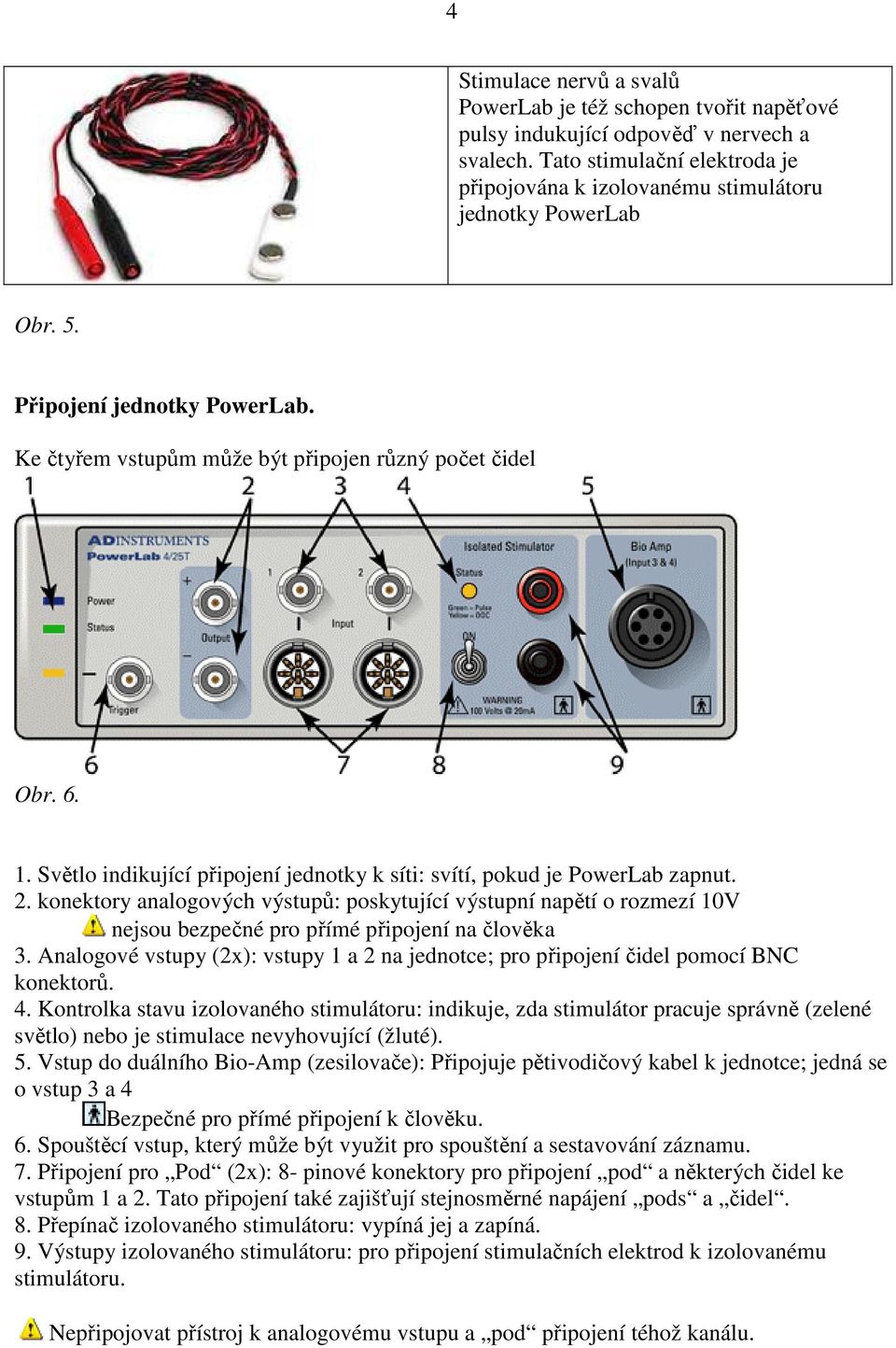 Světlo indikující připojení jednotky k síti: svítí, pokud je PowerLab zapnut. 2.