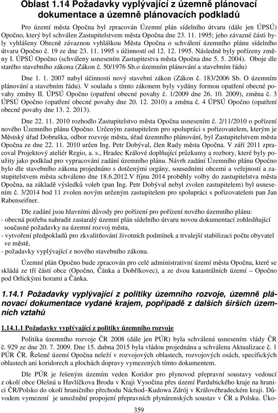 Zastupitelstvem města Opočna dne 23. 11. 1995; jeho závazné části byly vyhlášeny Obecně závaznou vyhláškou Města Opočna o schválení územního plánu sídelního útvaru Opočno č. 19 ze dne 23. 11. 1995 s účinností od 12.