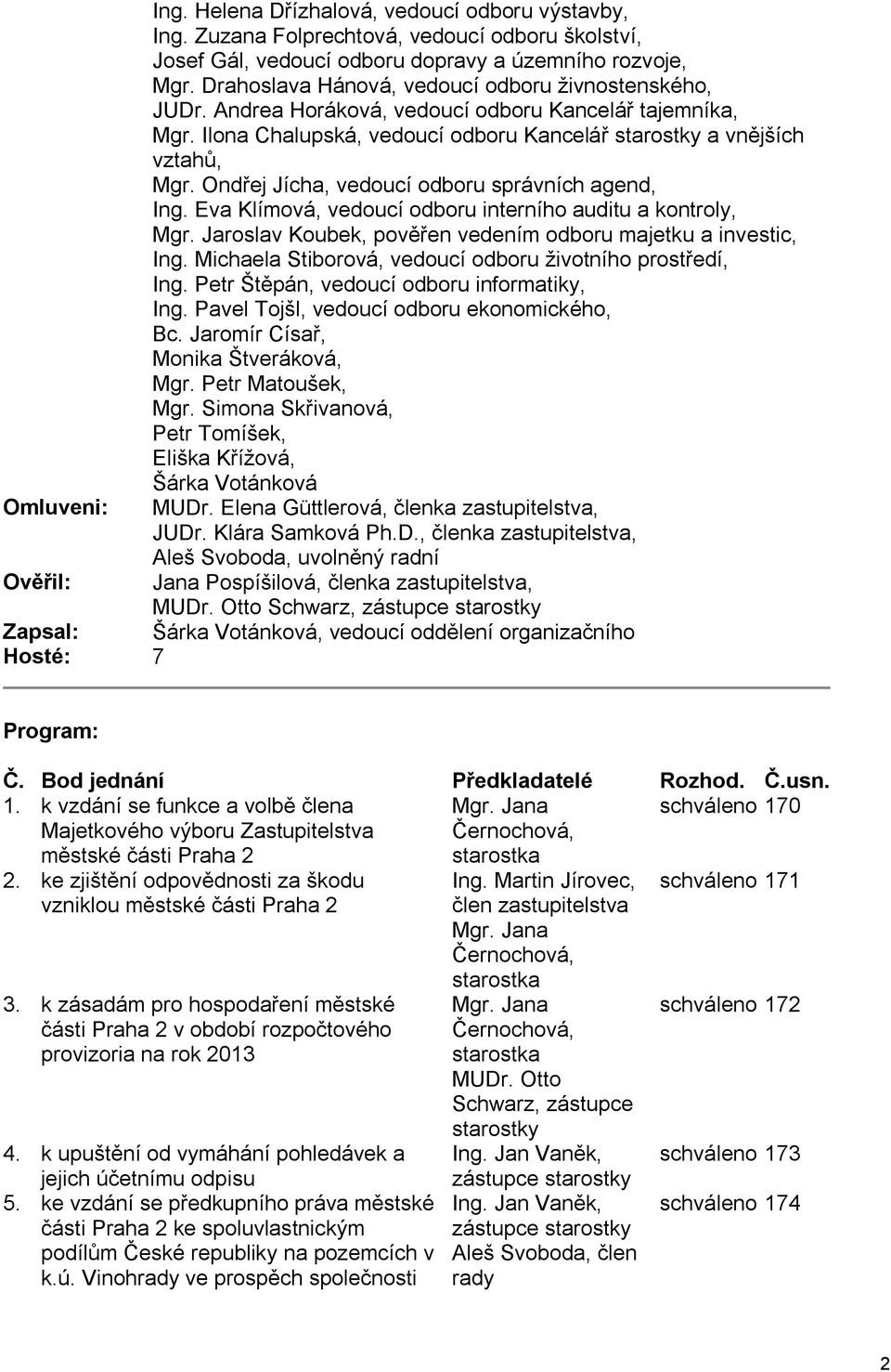 Ondřej Jícha, vedoucí odboru správních agend, Ing. Eva Klímová, vedoucí odboru interního auditu a kontroly, Mgr. Jaroslav Koubek, pověřen vedením odboru majetku a investic, Ing.