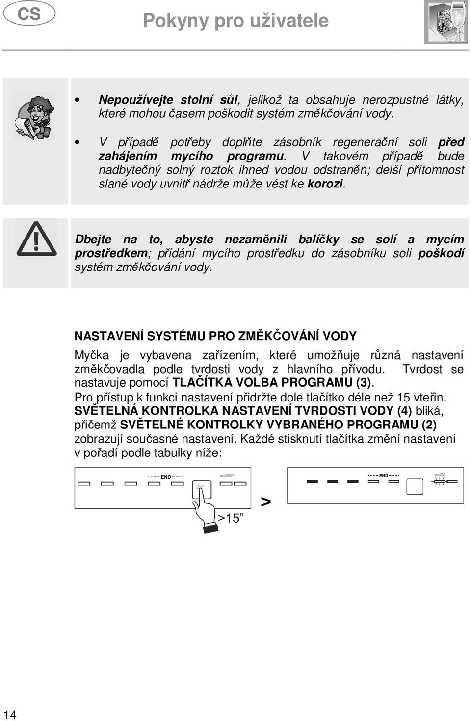 Dbejte na to, abyste nezaměnili balíčky se solí a mycím prostředkem; přidání mycího prostředku do zásobníku soli poškodí systém změkčování vody.