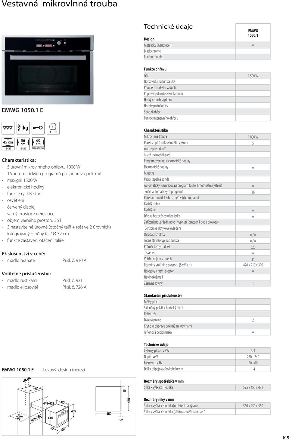 E 45 k TALLHOUSING 5 úrovní mikrovlnného ohřevu, 000 W 6 automatických proramů pro přípravu pokrmů maxiril 500 W elektronické hodiny funkce rychlý start osvětlení červený displej varný prostor z