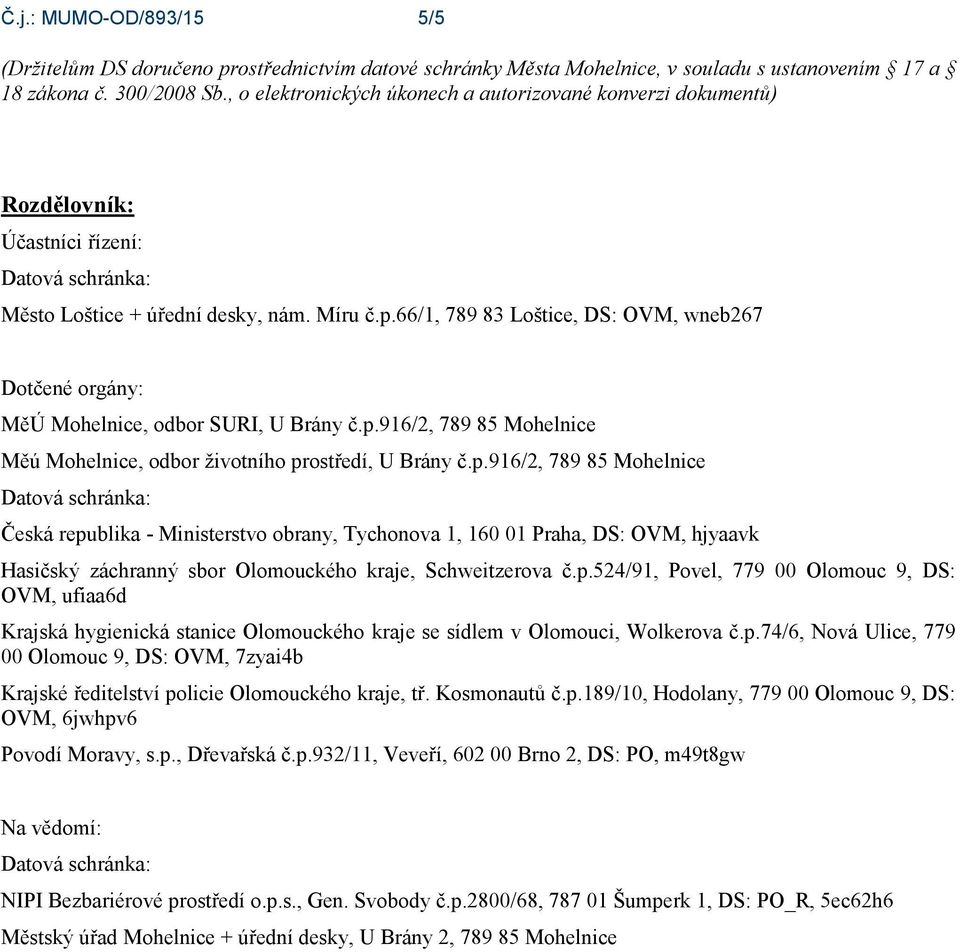 66/1, 789 83 Loštice, DS: OVM, wneb267 Dotčené orgány: MěÚ Mohelnice, odbor SURI, U Brány č.p.