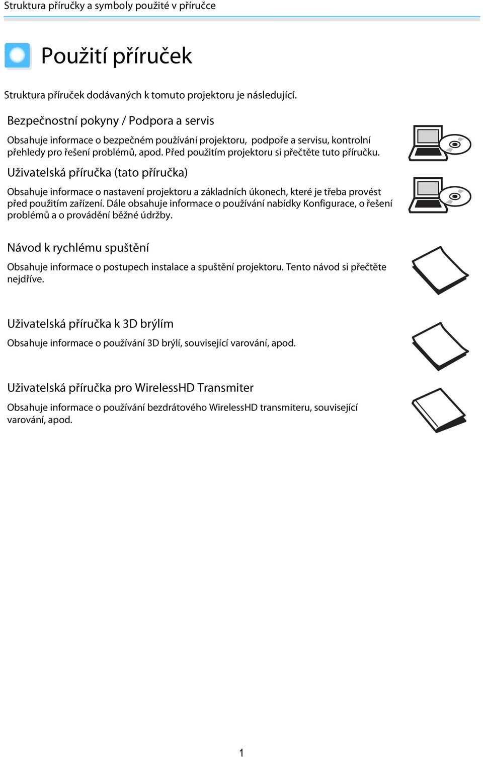 Před použitím projektoru si přečtěte tuto příručku. Uživatelská příručka (tato příručka) Obsahuje informace o nastavení projektoru a základních úkonech, které je třeba provést před použitím zařízení.