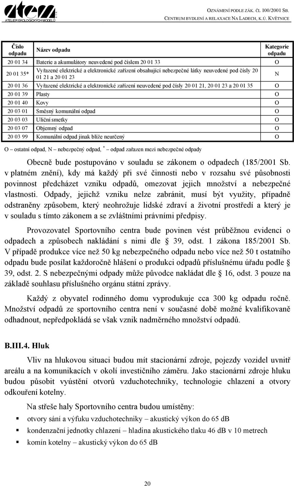 odpad O 20 03 03 Uliční smetky O 20 03 07 Objemný odpad O 20 03 99 Komunální odpad jinak blíže neurčený O O ostatní odpad, N nebezpečný odpad, * odpad zařazen mezi nebezpečné odpady Obecně bude