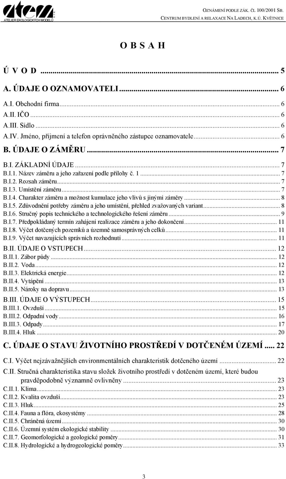 Charakter záměru a možnost kumulace jeho vlivů s jinými záměry... 8 B.I.5. Zdůvodnění potřeby záměru a jeho umístění, přehled zvažovaných variant... 8 B.I.6.