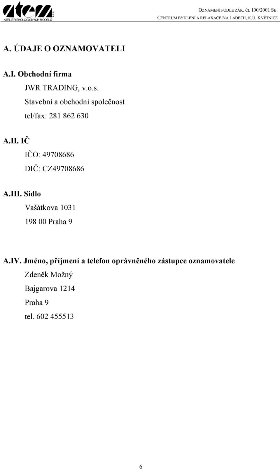 IČ IČO: 49708686 DIČ: CZ49708686 A.III. Sídlo Vašátkova 1031 198 00 Praha 9 A.