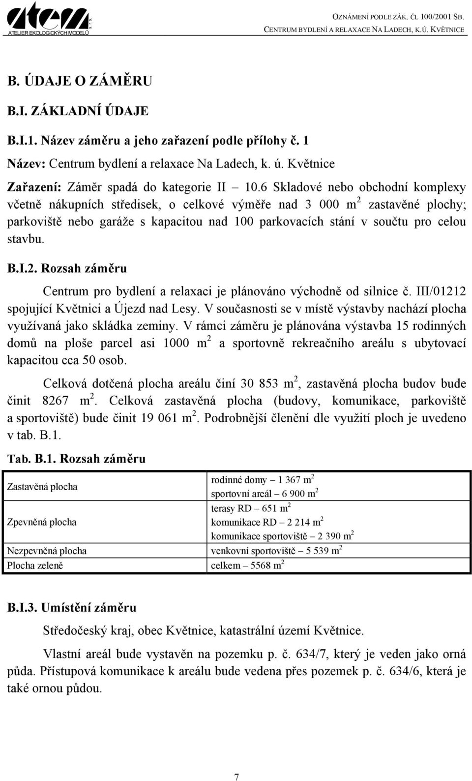B.I.2. Rozsah záměru Centrum pro bydlení a relaxaci je plánováno východně od silnice č. III/01212 spojující Květnici a Újezd nad Lesy.