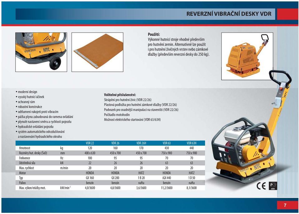 hydraulické ovládání pojezdu systém automatického odvzdušňování a nastavování hydraulického okruhu Skrápění pro hutnění živic (VDR 22/26) Plastová podložka pro hutnění zámkové dlažby (VDR 22/26)