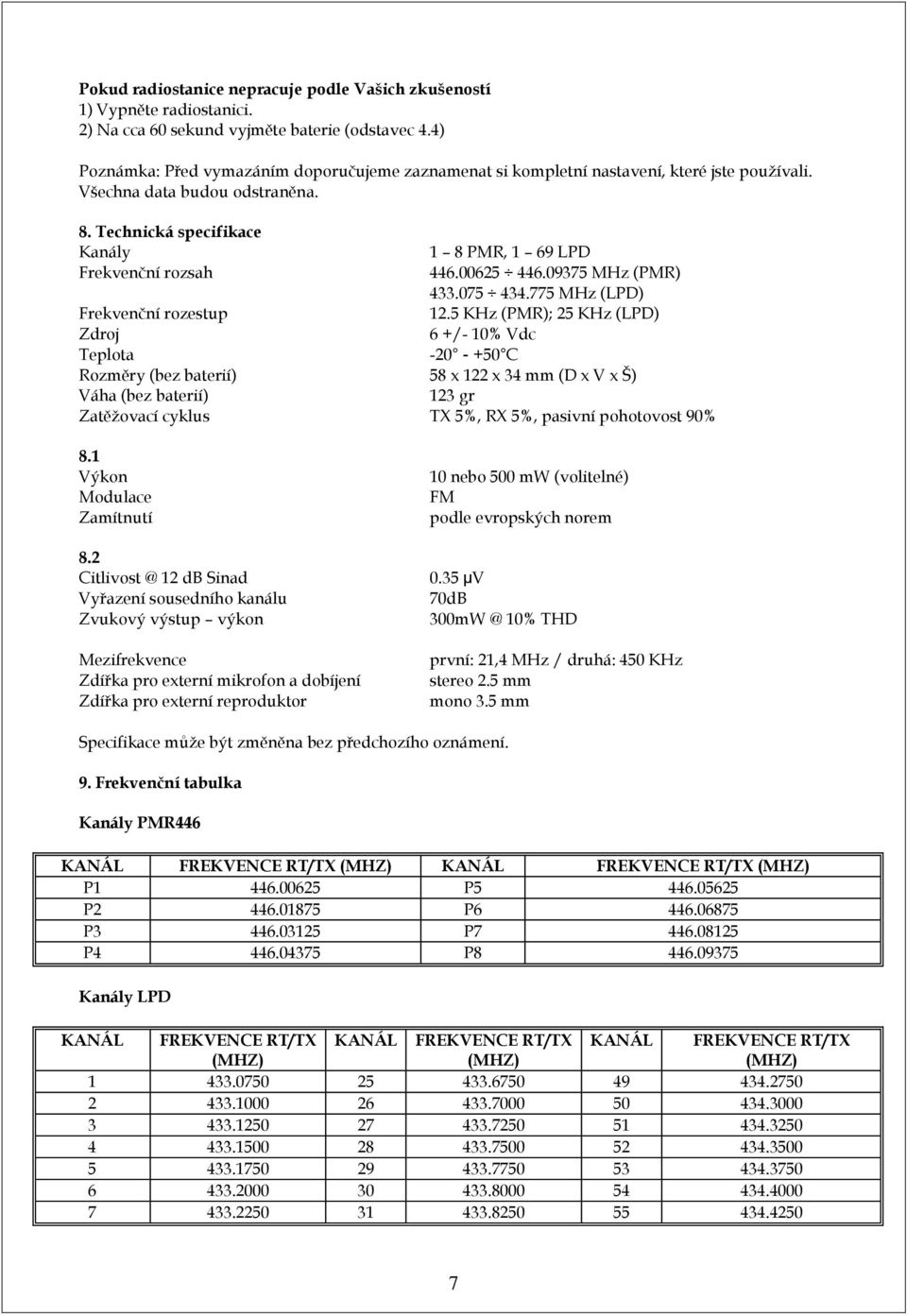 Technická specifikace Kanály 1 8 PMR, 1 69 LPD Frekvenční rozsah 446.00625 446.09375 MHz (PMR) 433.075 434.775 MHz (LPD) Frekvenční rozestup 12.