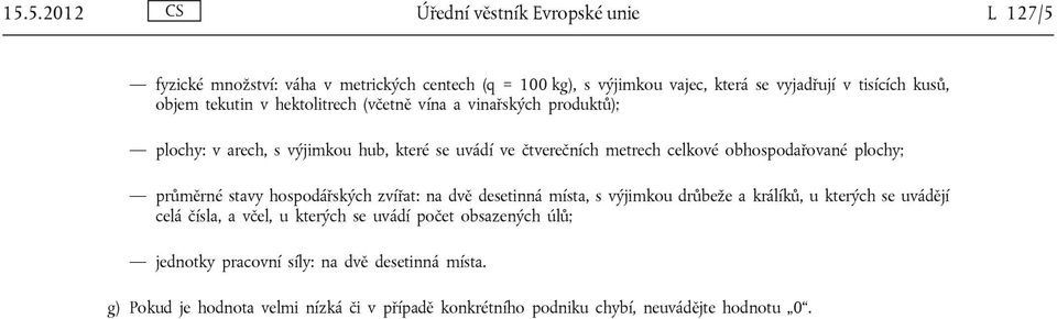 plochy; průměrné stavy hospodářských zvířat: na dvě desetinná místa, s výjimkou drůbeže a králíků, u kterých se uvádějí celá čísla, a včel, u kterých se uvádí