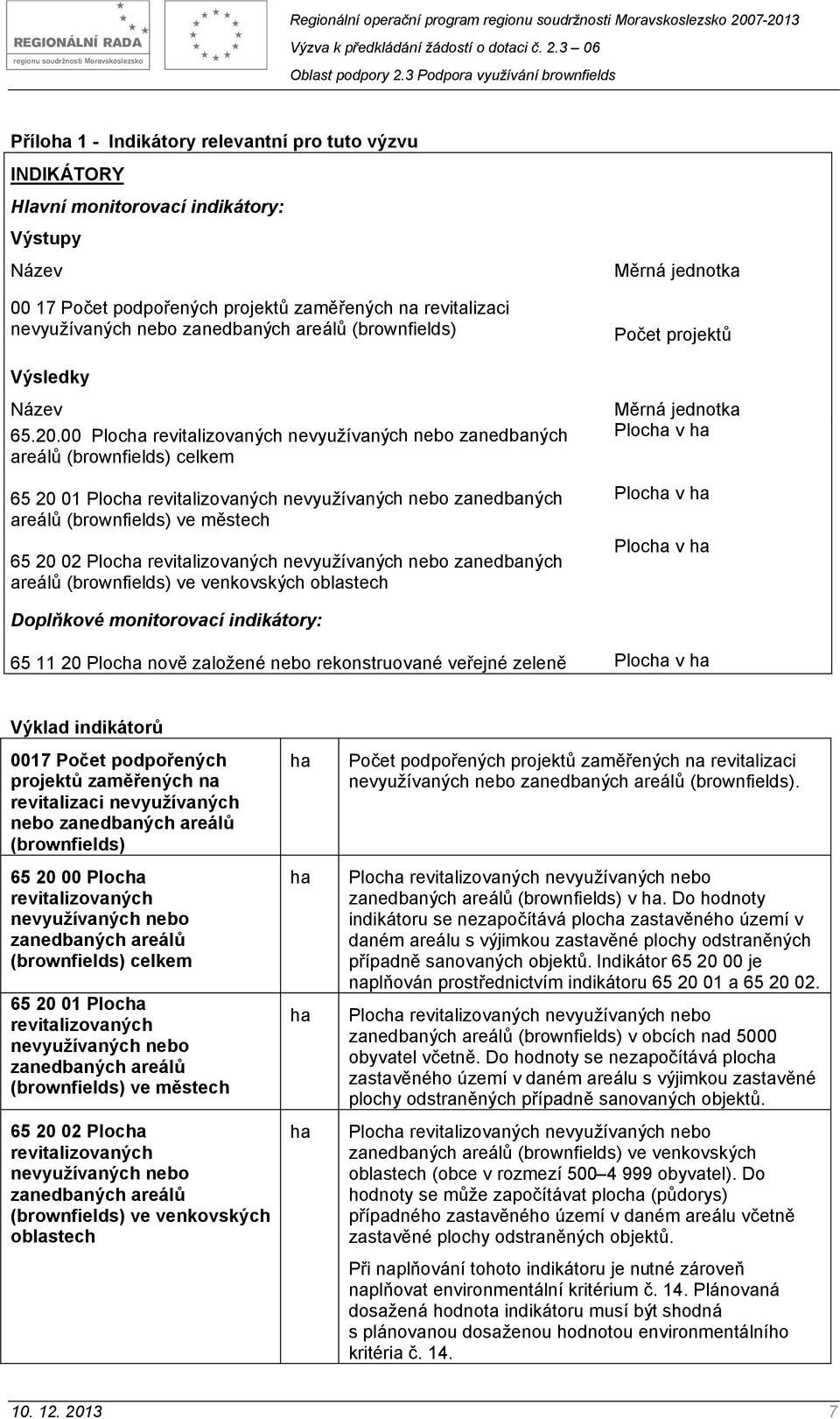 00 Plocha revitalizovaných nevyužívaných nebo zanedbaných areálů (brownfields) celkem 65 20 01 Plocha revitalizovaných nevyužívaných nebo zanedbaných areálů (brownfields) ve městech 65 20 02 Plocha