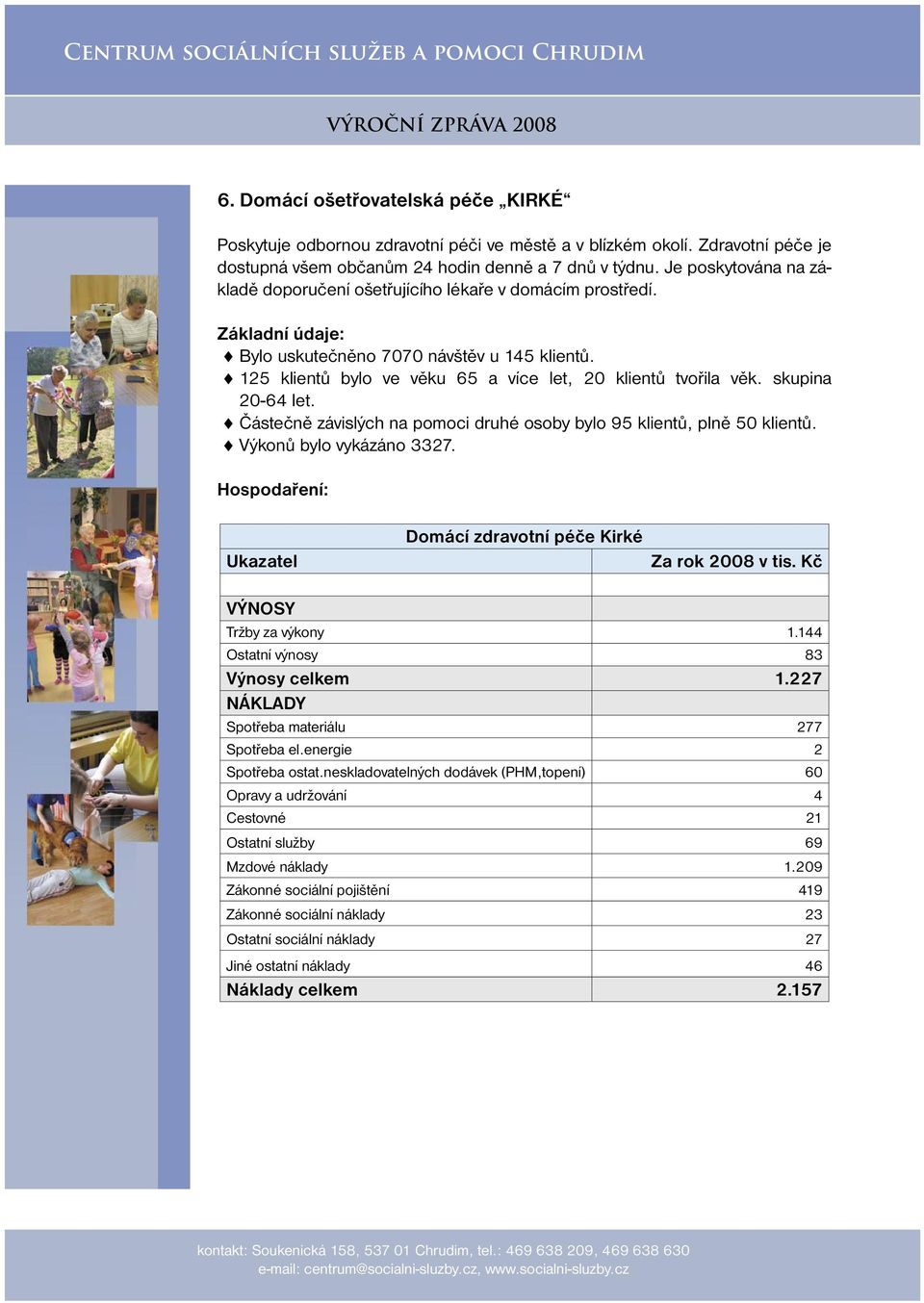 125 klientů bylo ve věku 65 a více let, 20 klientů tvořila věk. skupina 20-64 let. Částečně závislých na pomoci druhé osoby bylo 95 klientů, plně 50 klientů. Výkonů bylo vykázáno 3327.