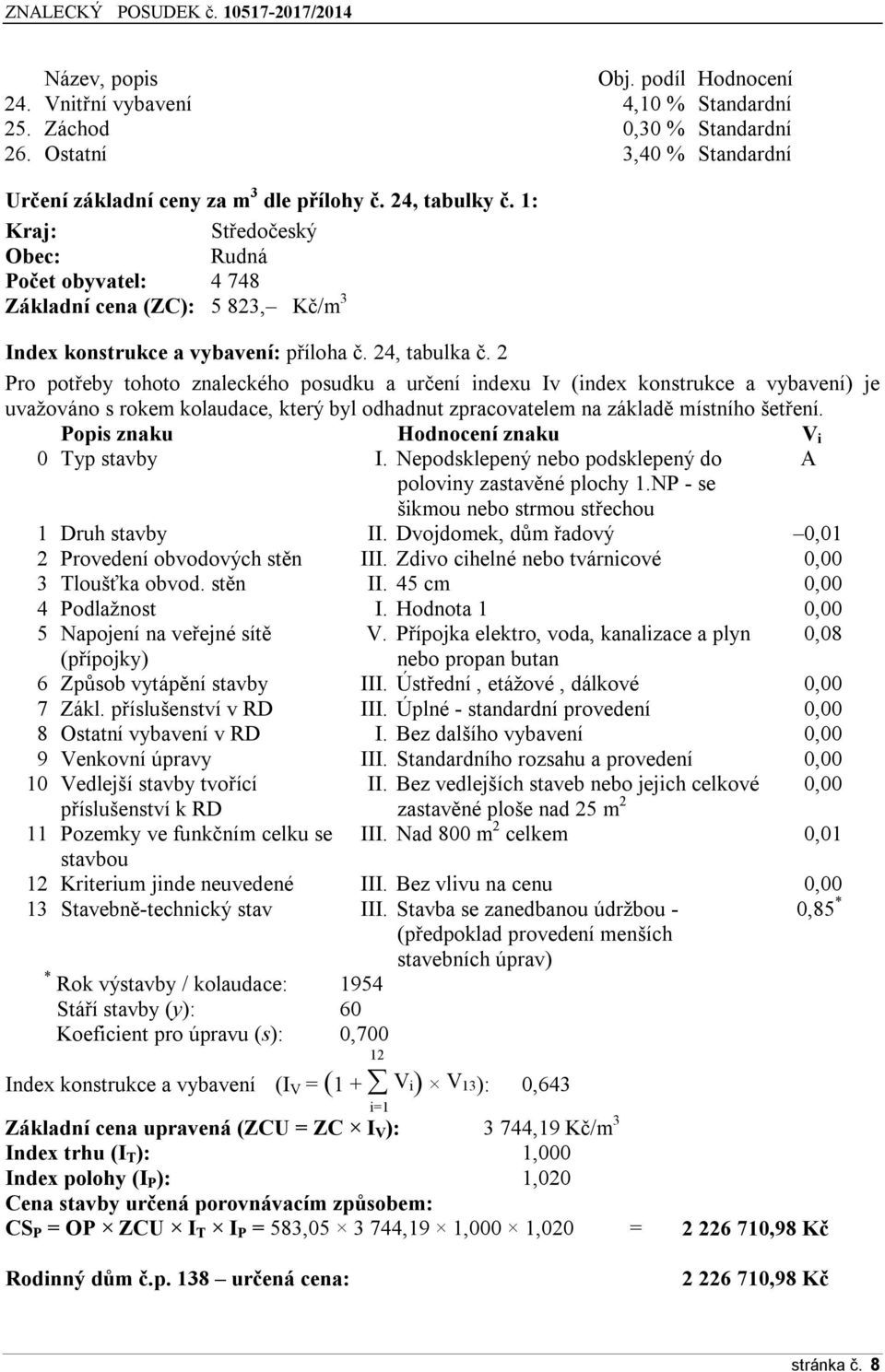 2 Pro potřeby tohoto znaleckého posudku a určení indexu Iv (index konstrukce a vybavení) je uvažováno s rokem kolaudace, který byl odhadnut zpracovatelem na základě místního šetření.