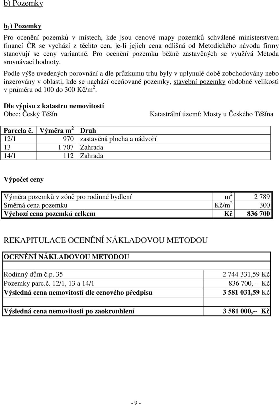 Podle výše uvedených porovnání a dle průzkumu trhu byly v uplynulé době zobchodovány nebo inzerovány v oblasti, kde se nachází oceňované pozemky, stavební pozemky obdobné velikosti v průměru od 100