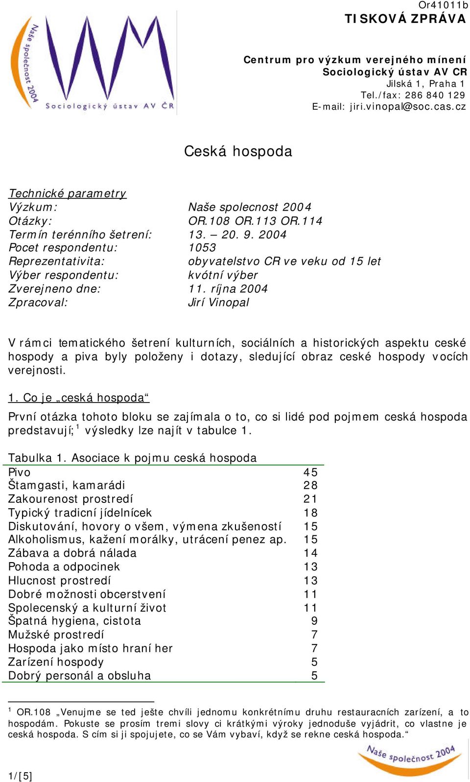 2004 Pocet respondentu: 1053 Reprezentativita: obyvatelstvo CR ve veku od 15 let Výber respondentu: kvótní výber Zverejneno dne: 11.