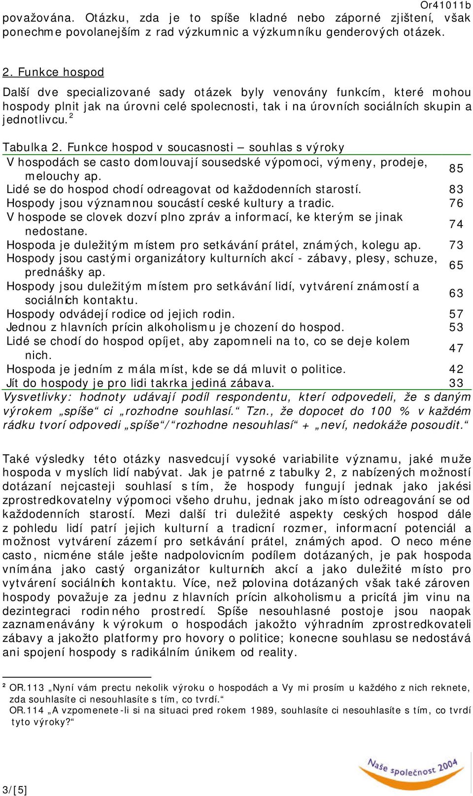 Funkce hospod v soucasnosti souhlas s výroky V hospodách se casto domlouvají sousedské výpomoci, výmeny, prodeje, melouchy ap. 85 Lidé se do hospod chodí odreagovat od každodenních starostí.