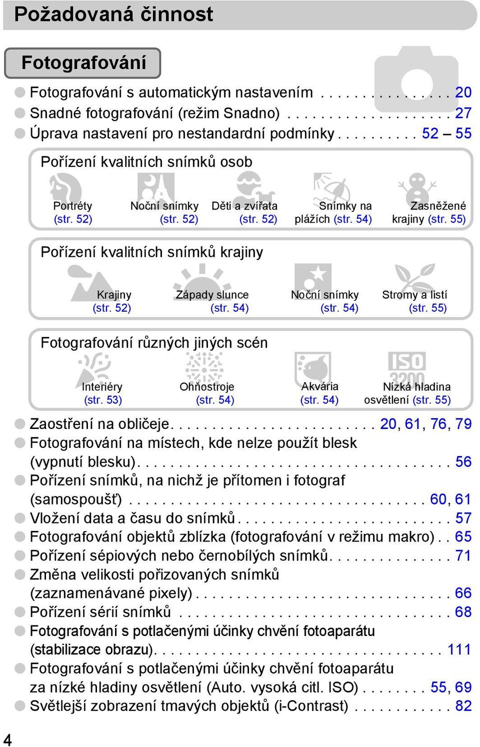 55) Pořízení kvalitních snímků krajiny J Krajiny UZápady slunce (str. 52) (str. 54),Noční snímky (str. 54) O Stromy a listí (str. 55) 4 Fotografování různých jiných scén H Interiéry (str.