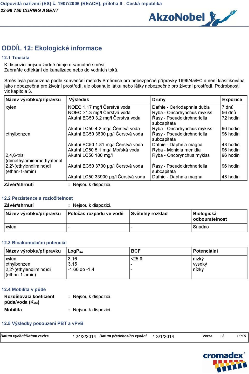 životní prostředí. Podrobnosti viz kapitola 3. Název výrobku/přípravku xylen NOEC 1.17 mg/l Čerstvá voda Dafnie - Ceriodaphnia dubia 7 dnů NOEC >1.