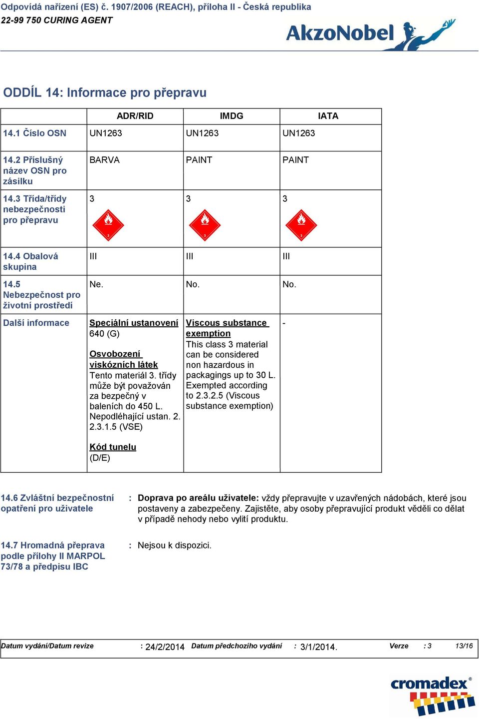 třídy může být považován za bezpečný v baleních do 450 L. Nepodléhající ustan. 2. 2.3.1.