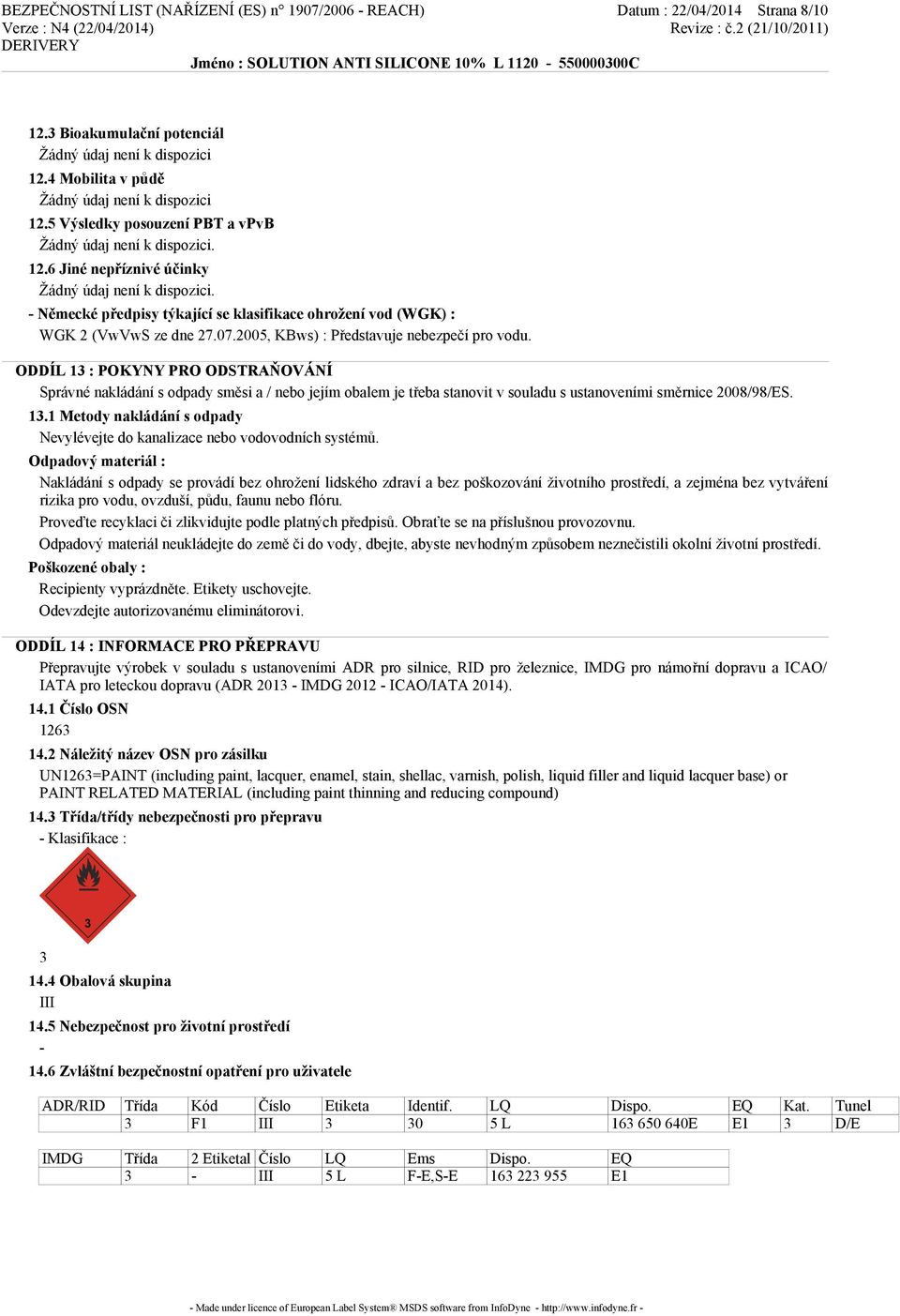ODDÍL 13 : POKYNY PRO ODSTRAŇOVÁNÍ Správné nakládání s odpady směsi a / nebo jejím obalem je třeba stanovit v souladu s ustanoveními směrnice 2008/98/ES. 13.1 Metody nakládání s odpady Nevylévejte do kanalizace nebo vodovodních systémů.