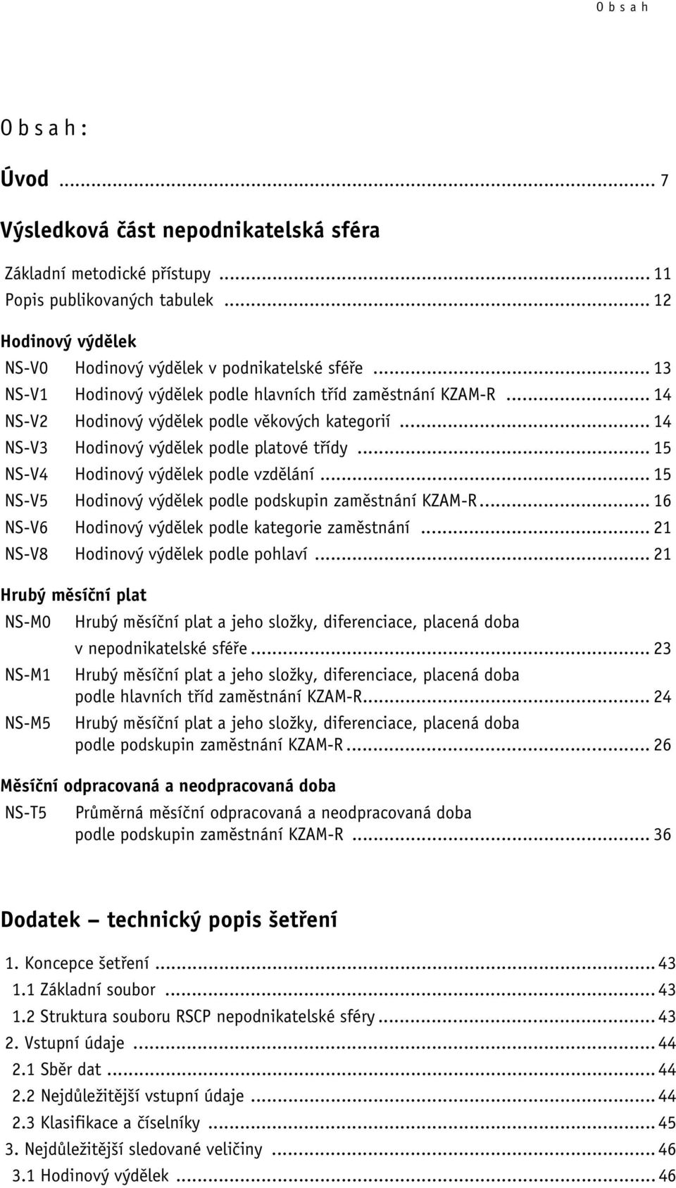 .. 15 NS-V4 Hodinový výdělek podle vzdělání... 15 NS-V5 Hodinový výdělek podle podskupin zaměstnání KZAM-R... 16 NS-V6 Hodinový výdělek podle kategorie zaměstnání.