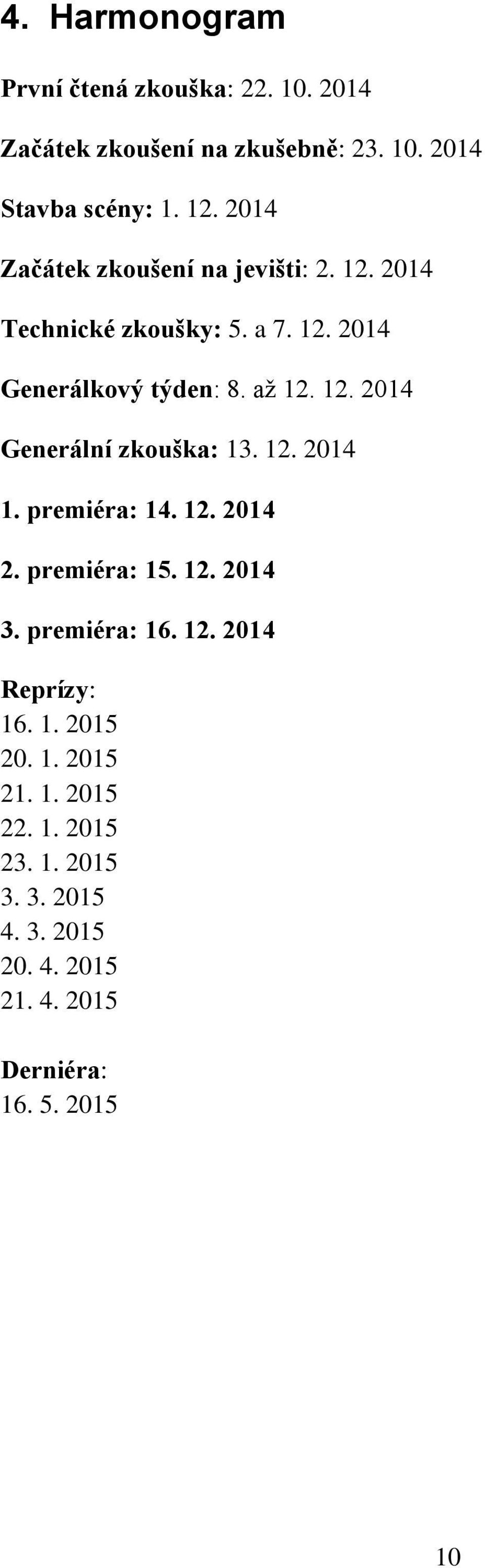 12. 2014 1. premiéra: 14. 12. 2014 2. premiéra: 15. 12. 2014 3. premiéra: 16. 12. 2014 Reprízy: 16. 1. 2015 20. 1. 2015 21.