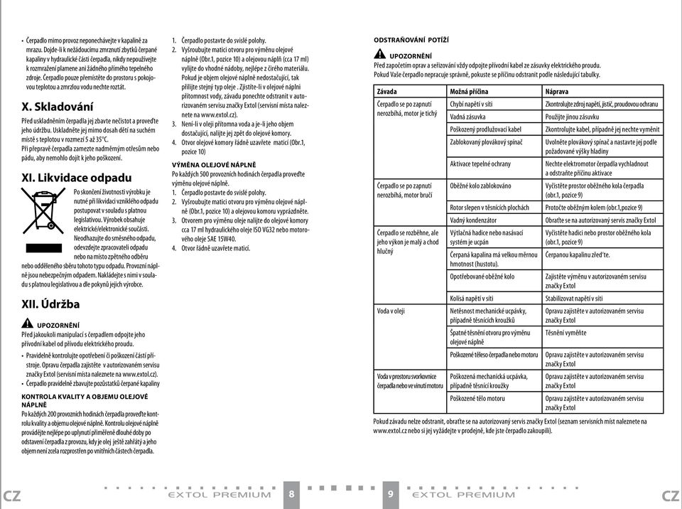 Čerpadlo pouze přemístěte do prostoru s pokojovou teplotou a zmrzlou vodu nechte roztát. X. Skladování Před uskladněním čerpadla jej zbavte nečistot a proveďte jeho údržbu.