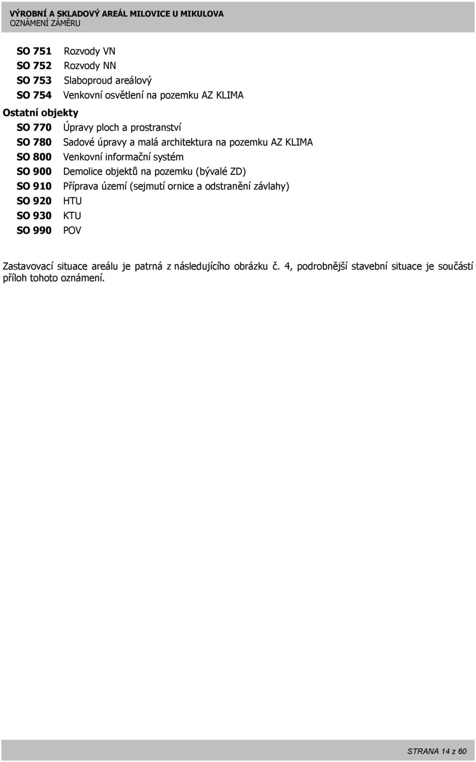 Demolice objektů na pozemku (bývalé ZD) SO 910 Příprava území (sejmutí ornice a odstranění závlahy) SO 920 HTU SO 930 KTU SO 990 POV