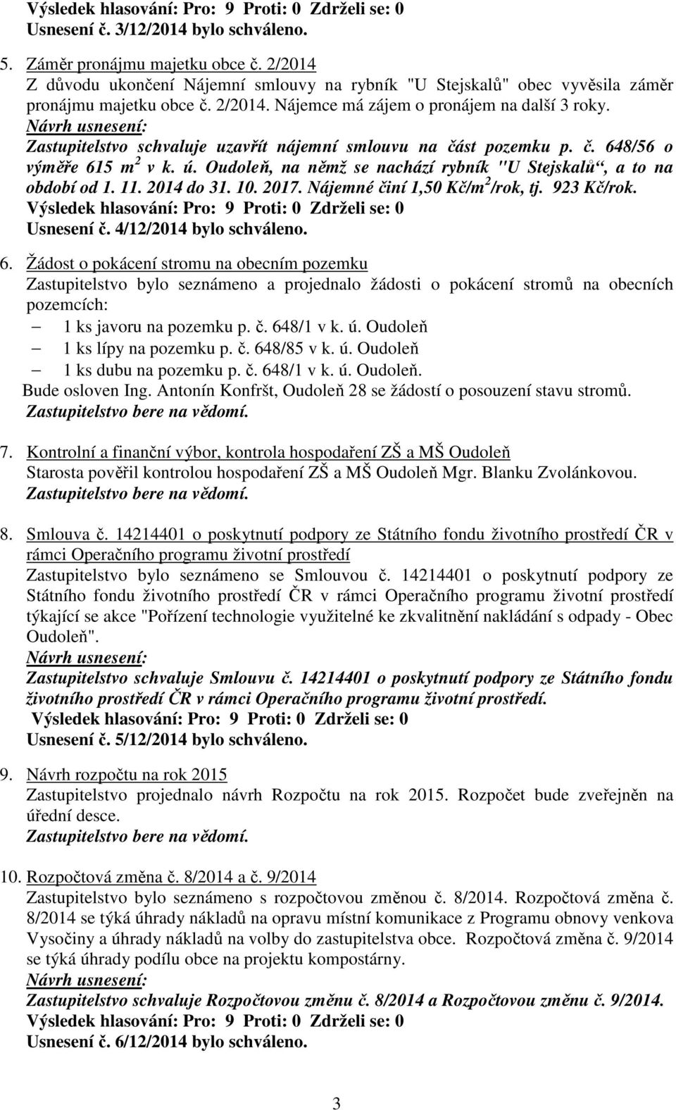 Nájemné činí 1,50 Kč/m 2 /rok, tj. 923 Kč/rok. Usnesení č. 4/12/2014 bylo schváleno. 6.