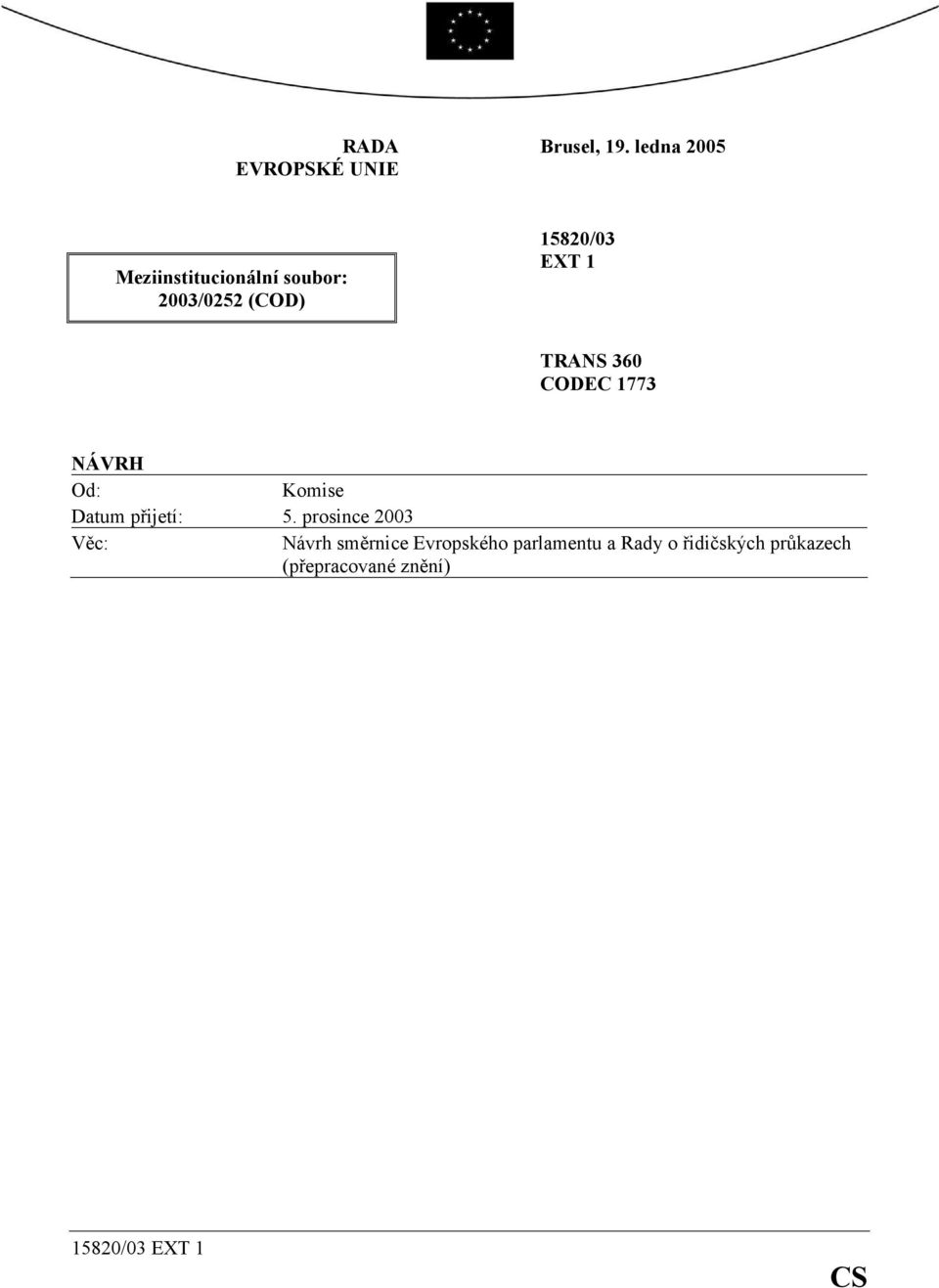 TRANS 360 CODEC 1773 NÁVRH Od: Komise Datum přijetí: 5.