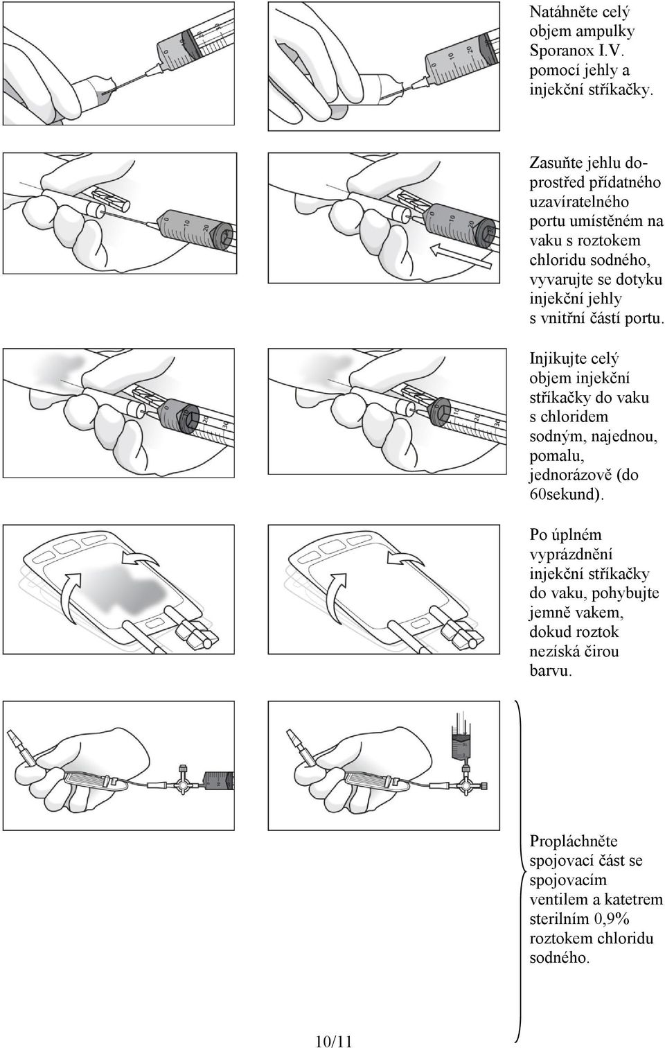 vnitřní částí portu. Injikujte celý objem injekční stříkačky do vaku s chloridem sodným, najednou, pomalu, jednorázově (do 60sekund).