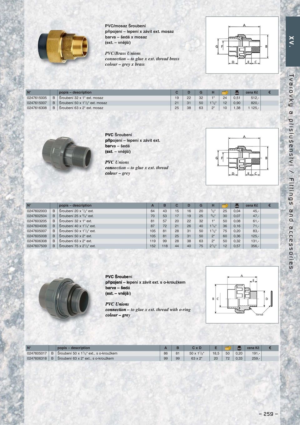 (ext. vnější) PVC Unions x ext. thread N popis description A B C D G H cena Kč 0247602003 B Šroubení 20 x 1 / 2 ext. 64 43 15 16 20 1 / 2 25 0,04 45,- 0247602504 B Šroubení 25 x 3 / 4 ext.