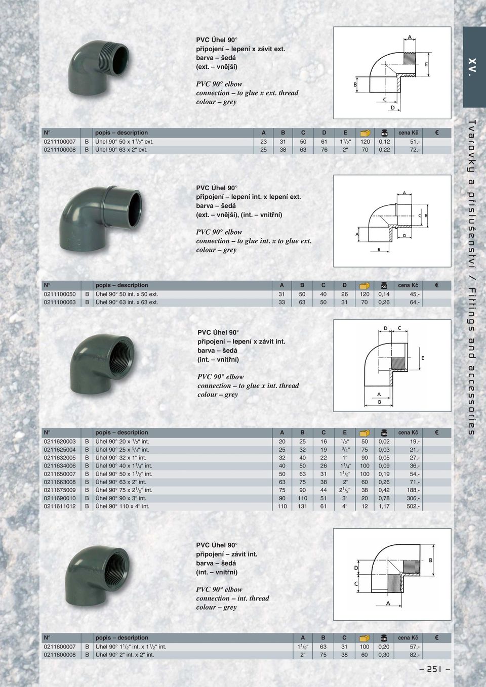 N popis description A B C D cena Kč 0211100050 B Úhel 90 50 int. x 50 ext. 31 50 40 26 120 0,14 45,- 0211100063 B Úhel 90 63 int. x 63 ext. 33 63 50 31 70 0,26 64,- PVC Úhel 90 x závit int. (int.