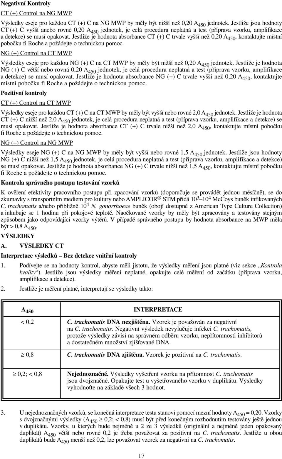 Jestliže je hodnota absorbance CT (+) C trvale vyšší než 0,20 A 450, kontaktujte místní pobočku fi Roche a požádejte o technickou pomoc.