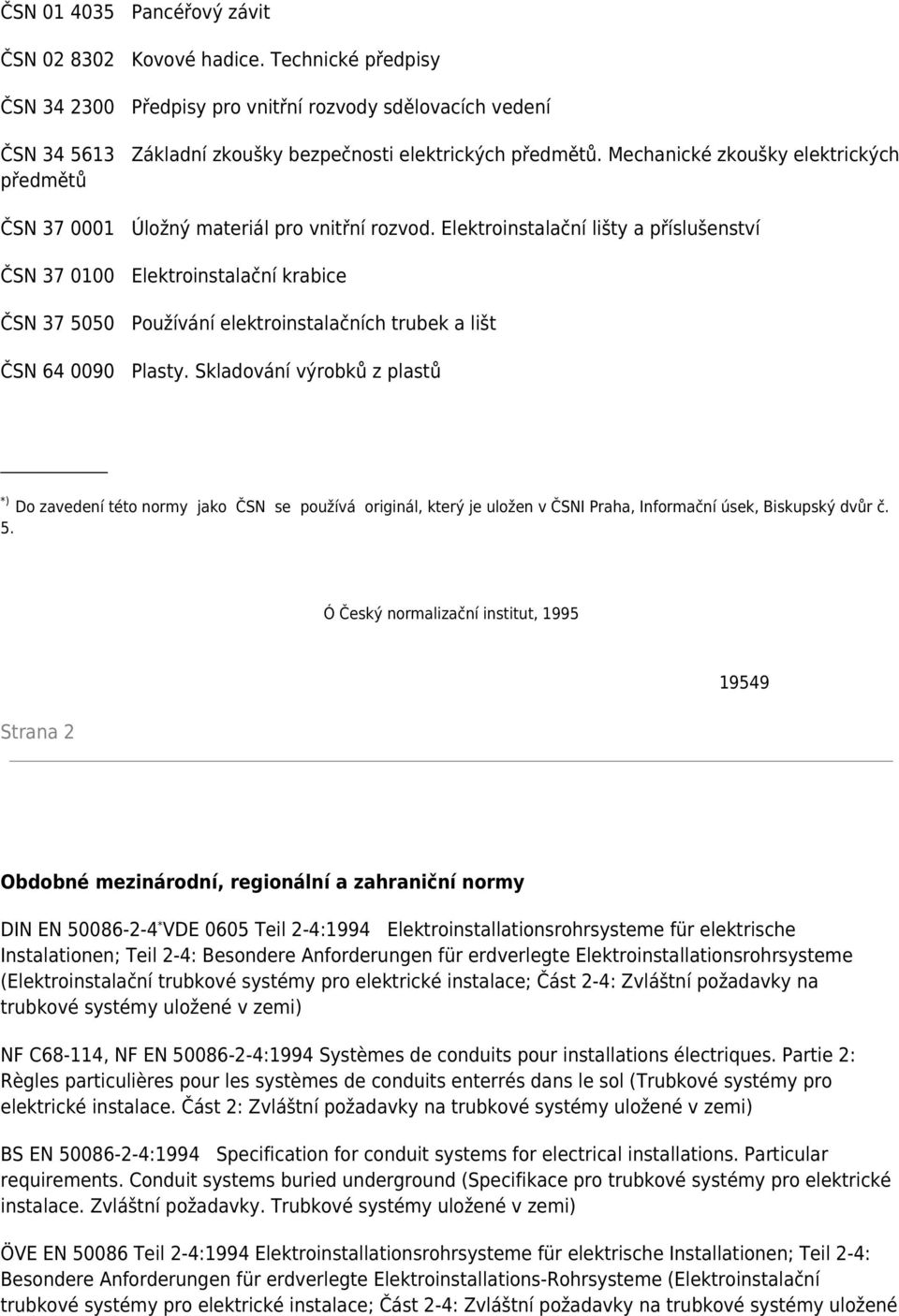 Elektroinstalační lišty a příslušenství ČSN 37 0100 Elektroinstalační krabice ČSN 37 5050 Používání elektroinstalačních trubek a lišt ČSN 64 0090 Plasty.