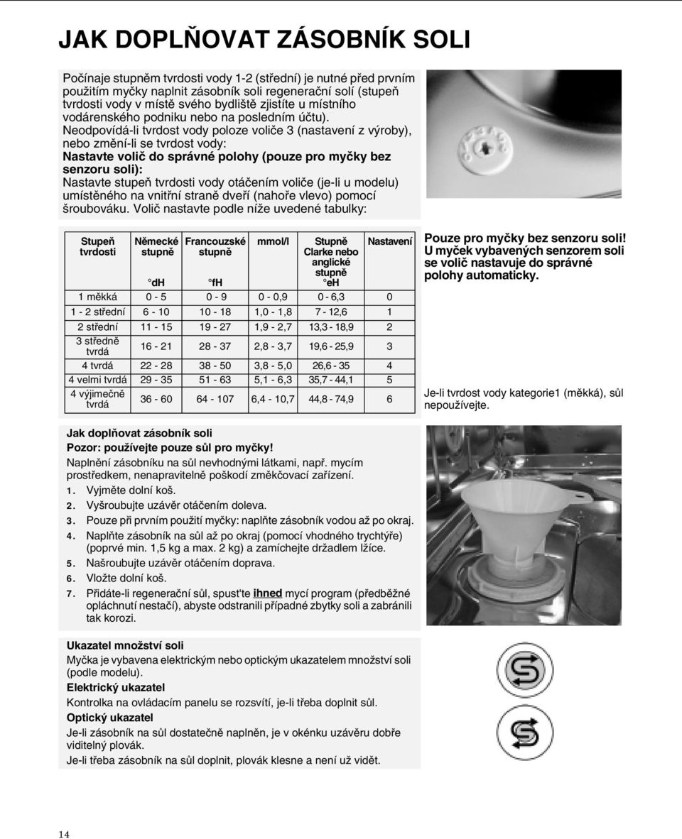 Neodpovídá-li tvrdost vody poloze voliče 3 (nastavení z výroby), nebo změní-li se tvrdost vody: Nastavte volič do správné polohy (pouze pro myčky bez senzoru soli): Nastavte stupeň tvrdosti vody
