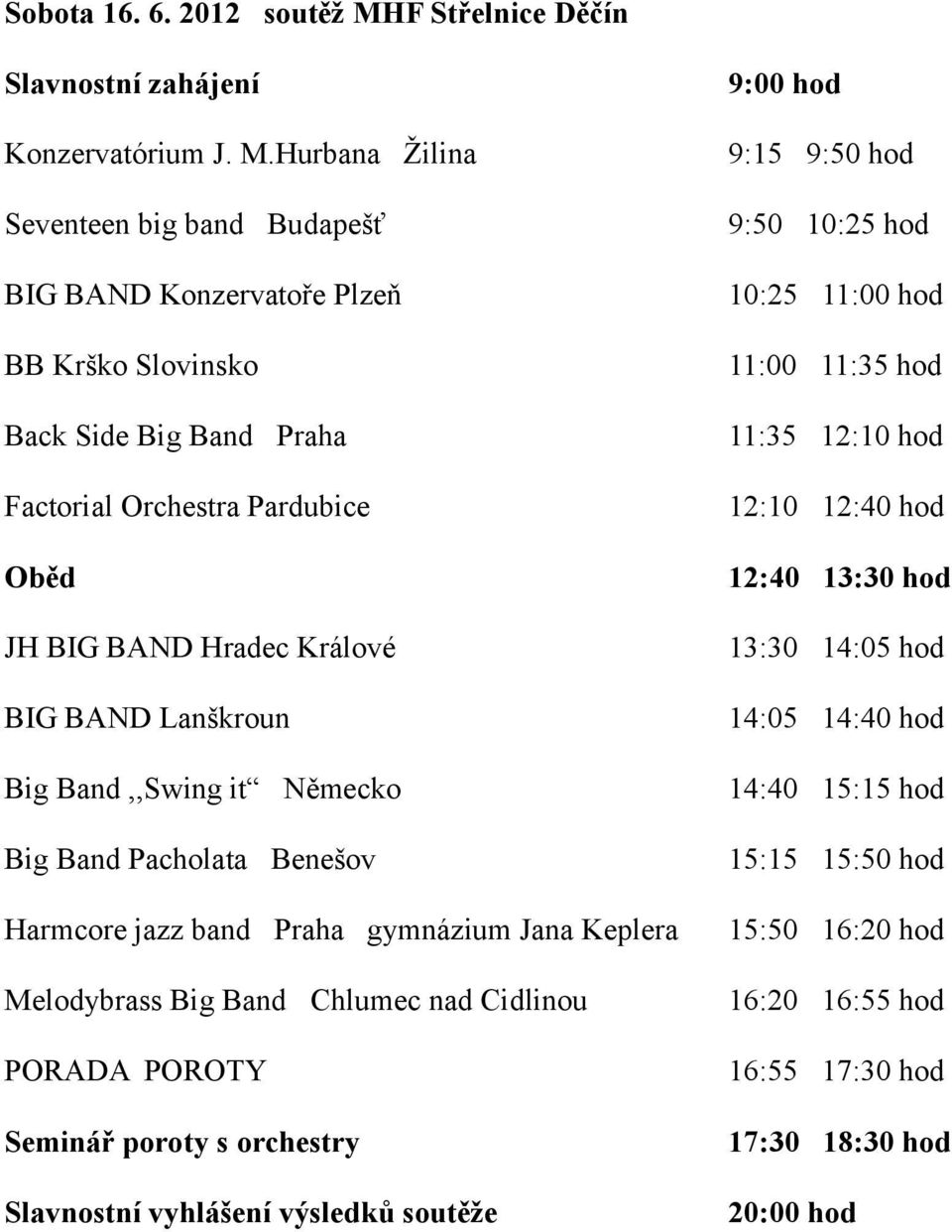 Hurbana Žilina Seventeen big band Budapešť BIG BAND Konzervatoře Plzeň BB Krško Slovinsko Back Side Big Band Praha Factorial Orchestra Pardubice Oběd JH BIG BAND Hradec Králové BIG BAND
