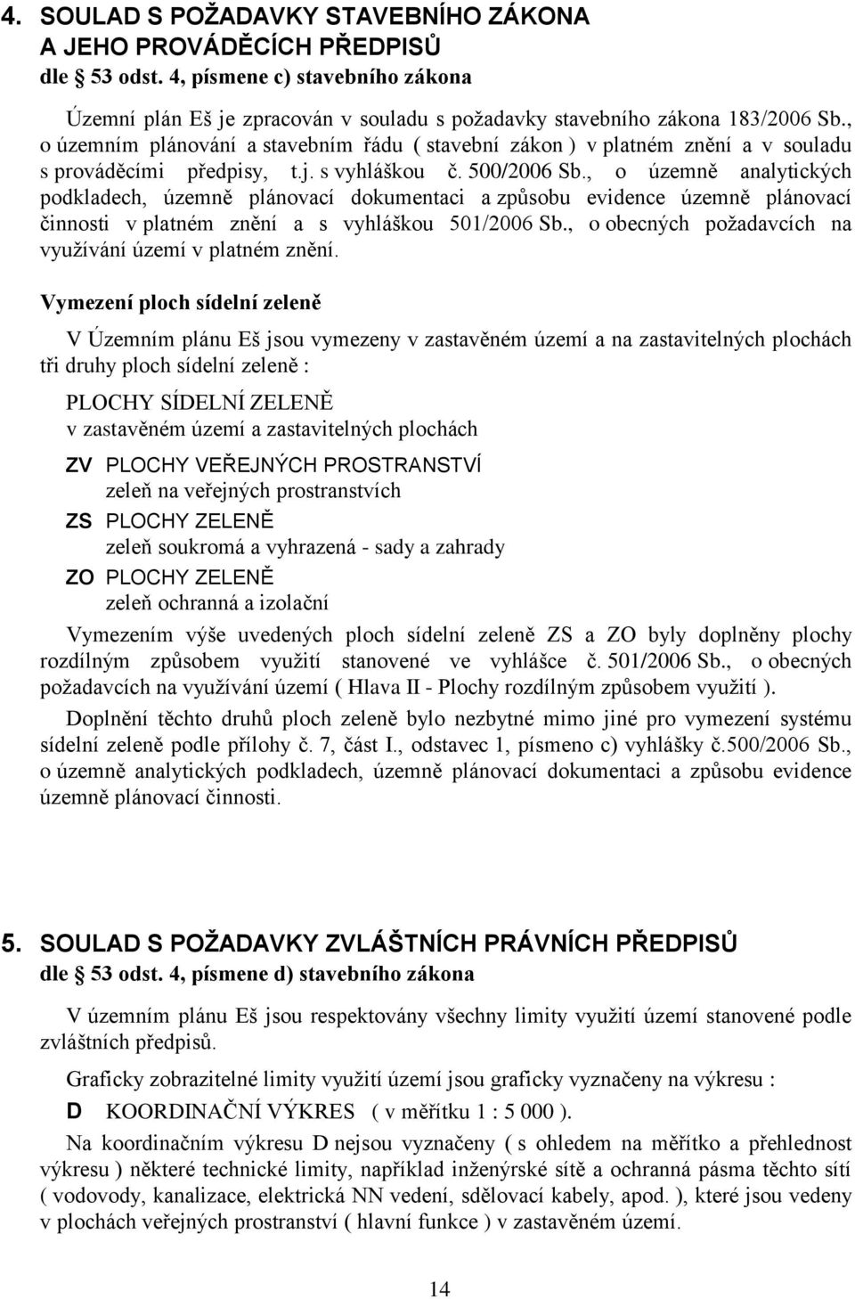 , o územně analytických podkladech, územně plánovací dokumentaci a způsobu evidence územně plánovací činnosti v platném znění a s vyhláškou 501/2006 Sb.